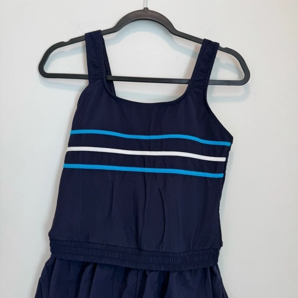 LL BEAN womens 1 pc SWIM SWIMMING SUIT SHORTS dark blue stripe BRA TOP size 14R
